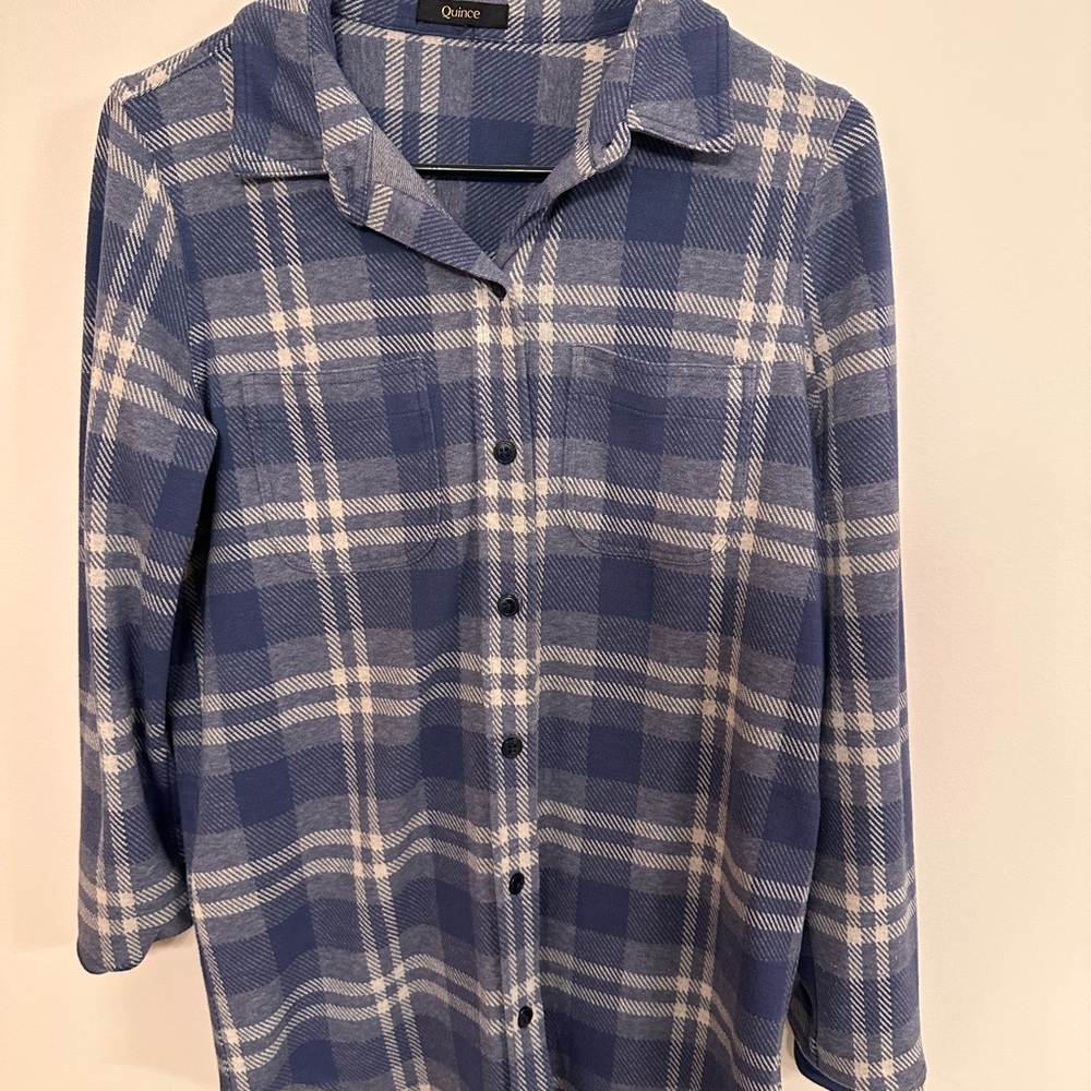Quince Stretch Sweater Shirt fleece, indigo check, size small
